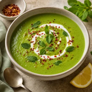 Finished pea soup with lemon and red pepper flakes before serving