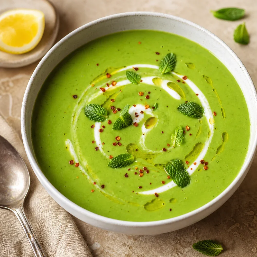 Finished spicy pea soup with yogurt, mint, and red pepper flakes