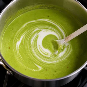 Greek yogurt swirled into smooth pea soup