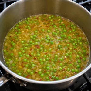 Green peas and vegetable broth beginning to simmer