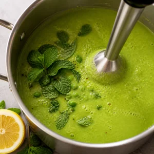 Mint and lemon blended into green pea soup