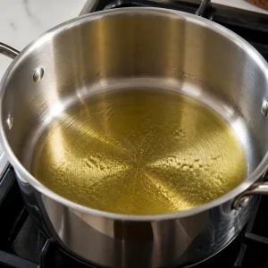 Olive oil warming in a saucepan