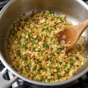 Spices, garlic, and jalapeno stirred into softened onion