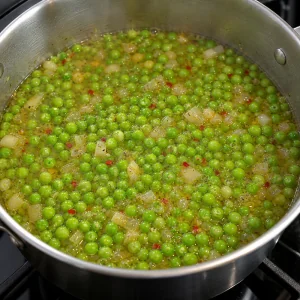 Tender bright green peas simmering in broth