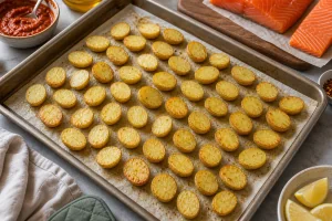 Baby potatoes beginning to turn golden on a sheet pan