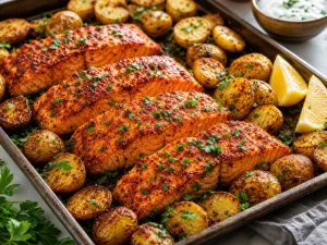 Finished harissa salmon and crispy potatoes with parsley and lemon