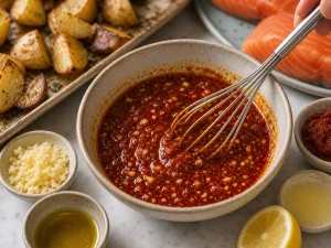 Glossy harissa glaze whisked with honey, garlic, and lemon