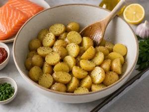 Halved baby potatoes tossed with olive oil and pepper