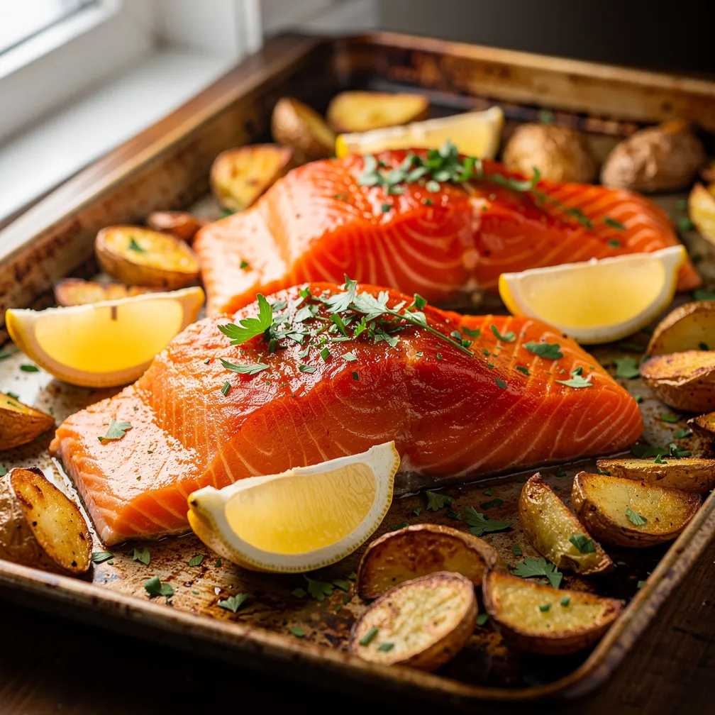 Filetes de salmón harissa asados en horno en una bandeja con papas pequeñas crujientes y gajos de limón