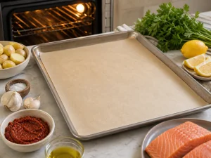 Parchment-lined sheet pan beside salmon and harissa ingredients