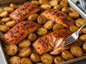 Roasted harissa salmon flaking beside crispy potatoes