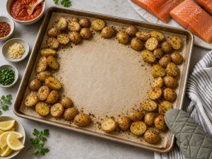 Roasted potatoes pushed to the edges of the sheet pan