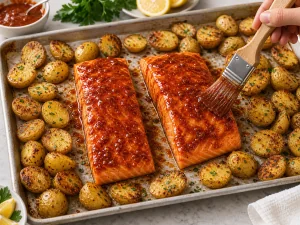 Salmon fillets brushed with red harissa glaze among potatoes
