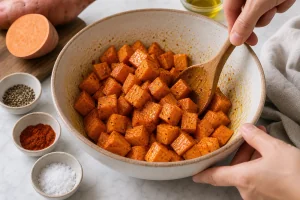 Süßkartoffelwuerfel mit Olivenoel und geraucherter Paprika vermengt