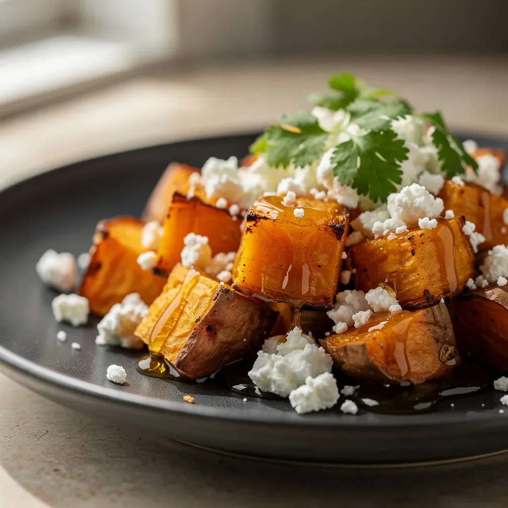Glistening roasted sweet potato cubes drizzled with hot honey and topped with feta cheese