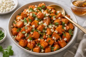 Hot-Honey-Süßkartoffeln mit Feta und Koriander garniert