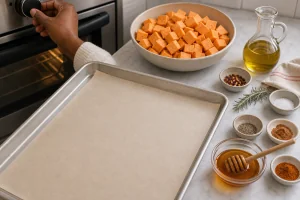 Vorgeheizter Ofen mit vorbereitetem Backblech mit Backpapier