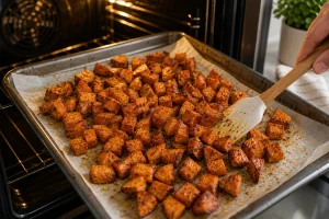 Geröstete Süßkartoffeln gewendet, bis sie golden und karamellisiert sind