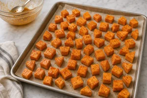 Gewuerzte Süßkartoffelwuerfel in einer einzelnen Schicht verteilt