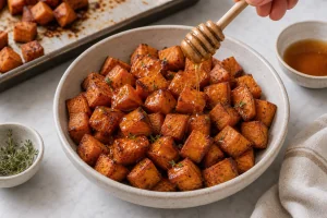 Warme geröstete Süßkartoffeln mit Hot Honey betraeufelt