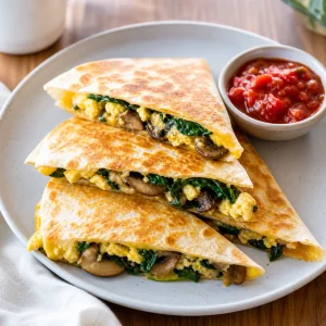 Crisp spinach mushroom breakfast quesadilla wedges with salsa