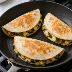 Folded quesadillas browning in a skillet