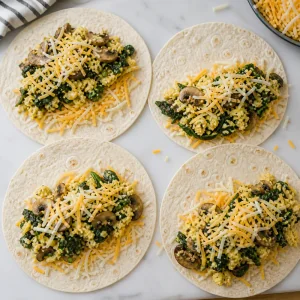 Open tortillas topped with cheese and egg spinach mushroom filling