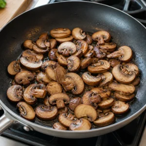 Sliced mushrooms browning in a skillet