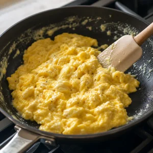 Soft scrambled eggs cooking in a skillet