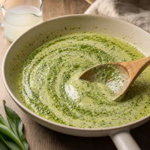 Jasnozielone pesto z czosnaczka wmieszane w ciepla smietanke