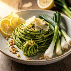Gotowy makaron z pesto z czosnaczka, orzeszkami, parmezanem i liscmi