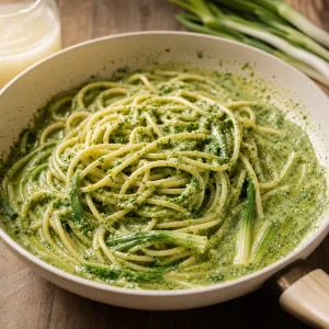 Linguine wymieszane z kremowym zielonym pesto z czosnaczka