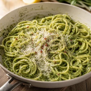 Makaron z pesto z czosnaczka z parmezanem, pieprzem i chili