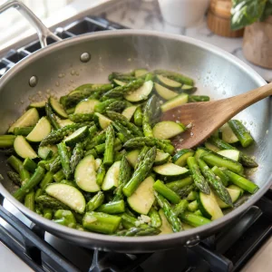 Asparagus and zucchini sautéing with garlic until crisp tender