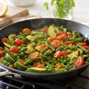 Cherry tomatoes and peas stirred into sautéed spring vegetables