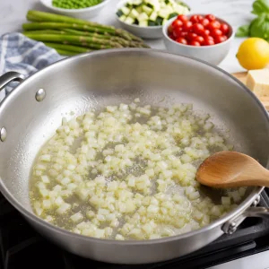 Onion softening in olive oil in a skillet for pasta primavera