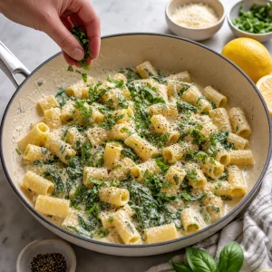 Pasta primavera seasoned with salt pepper red pepper flakes and basil