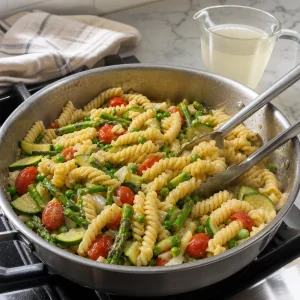 Pasta tossed with spring vegetables and reserved pasta water into a glossy sauce