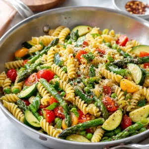 Spring vegetable pasta primavera served with Parmesan basil and lemon