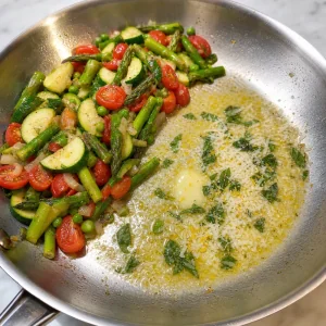 Vegetables pushed aside while lemon Parmesan butter sauce melts in the skillet