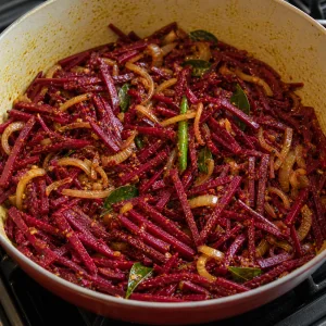 Beetroot matchsticks coated in spiced oil and aromatics