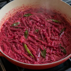 Thickened beetroot coconut curry simmering uncovered