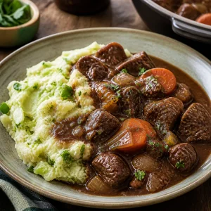 Colcannon impiattato con ricco stufato di manzo alla Guinness accanto