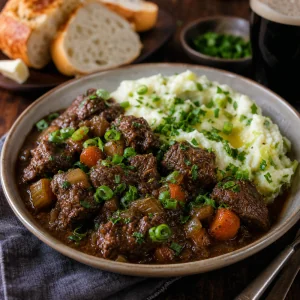 Stufato di manzo alla Guinness e colcannon finiti con prezzemolo e cipollotti