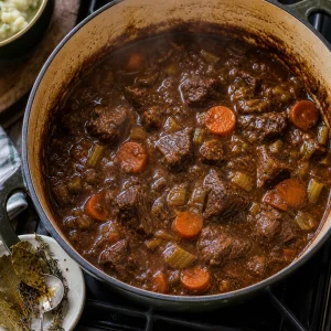 Stufato alla Guinness finito, denso, con manzo tenero e carote
