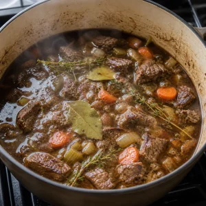 Stufato di manzo alla Guinness che sobbolle con brodo, alloro e timo