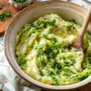 Patate schiacciate mescolate con cavolo, cipollotti e prezzemolo per colcannon