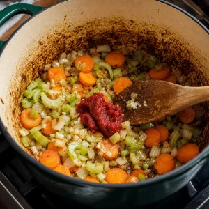 Cipolla, carote, sedano, aglio e concentrato di pomodoro in cottura