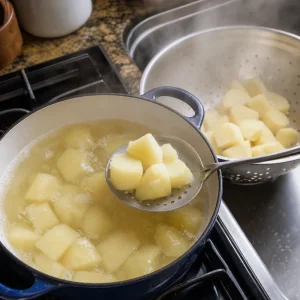 Pezzi di patate pelate che bollono in acqua salata per il colcannon