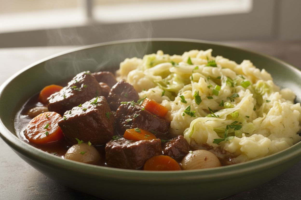 Stufato di manzo alla Guinness con colcannon irlandese